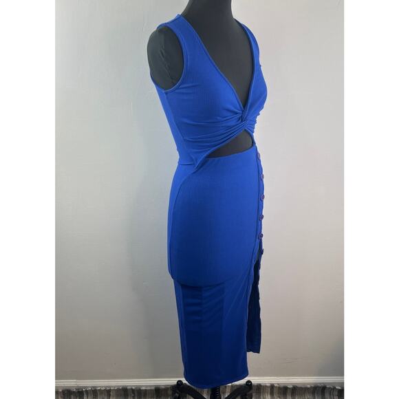 Fore Royal Blue Cutout Midi Dress Ribbed Plunge Neck Party/Cocktail Size X-Small - Picture 4 of 9